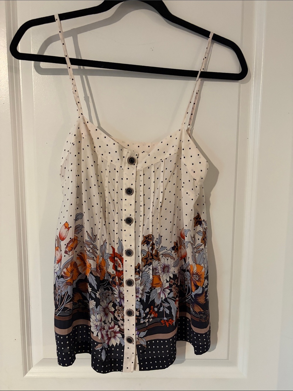 Maeve Cream Polka Dot Floral Button-Front Cami